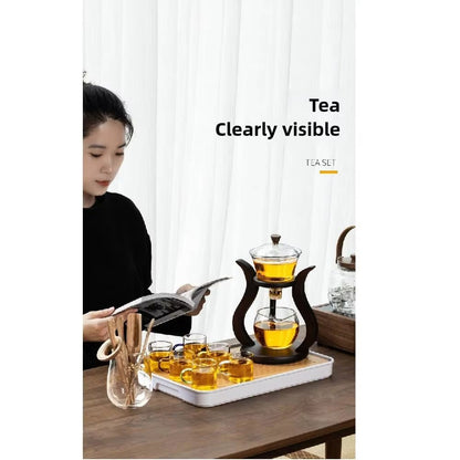 Lazy Kungfu Glass Teapot Set  SemiAutomatic HeatResistant Tea Set With Wooden Base  Magnetic Water  3