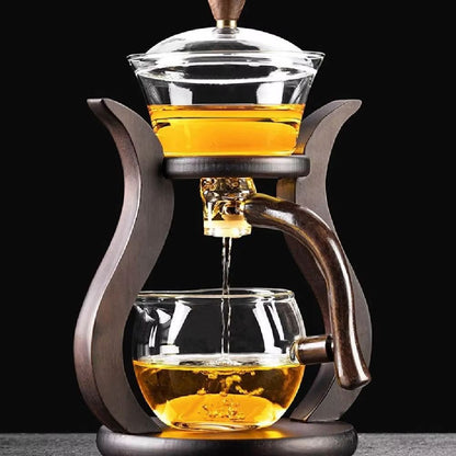 Lazy Kungfu Glass Teapot Set  SemiAutomatic HeatResistant Tea Set With Wooden Base  Magnetic Water  6