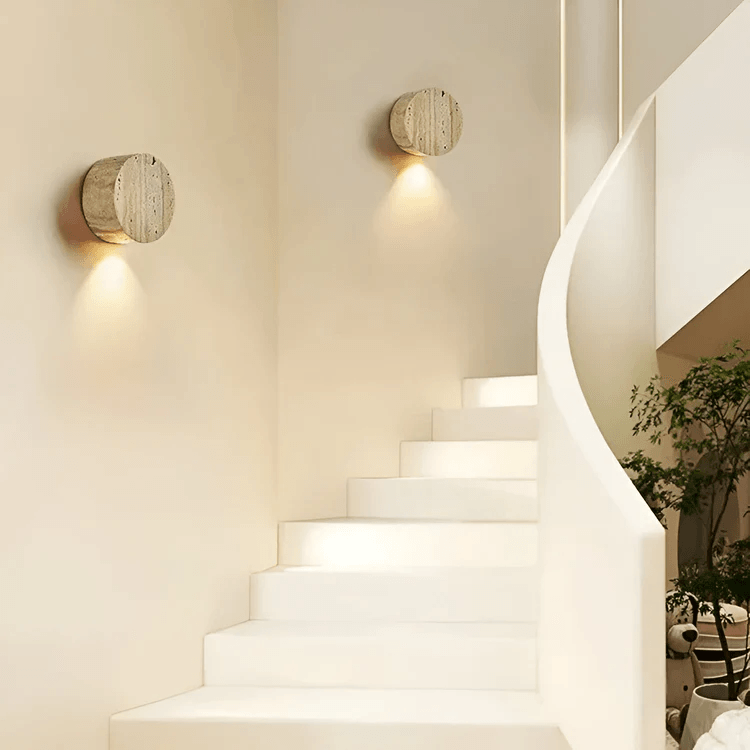 WabiSabi Circle Yellow Travertine Wall Lamp Natural Stone LED Wall Light For Bedroom Bedside Stair  1