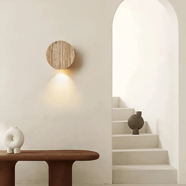 WabiSabi Circle Yellow Travertine Wall Lamp Natural Stone LED Wall Light For Bedroom Bedside Stair  2