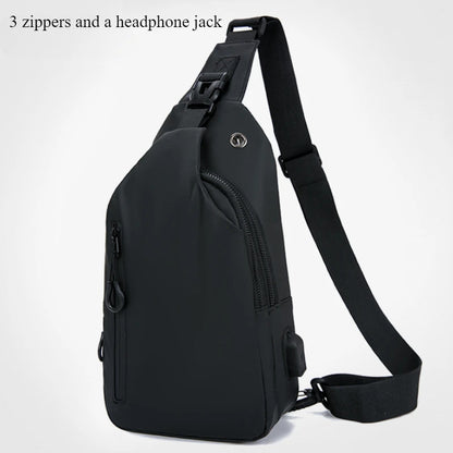 Mens Fashion Chest Bag, Solid Color Nylon Crossbody Shoulder Bag with USB Charging, Outdoor Casual One-Shoulder Sling