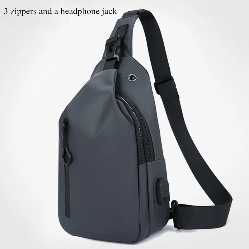 Mens Fashion Chest Bag Solid Color Nylon Crossbody Shoulder Bag With USB Charging Outdoor Casual On 7