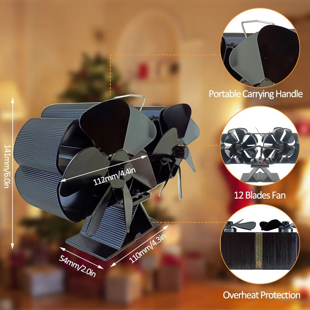6Blade Heat Powered Stove Fan  Dual Silent Motors NonElectric Fireplace Fan With Thermometer  Brack 1