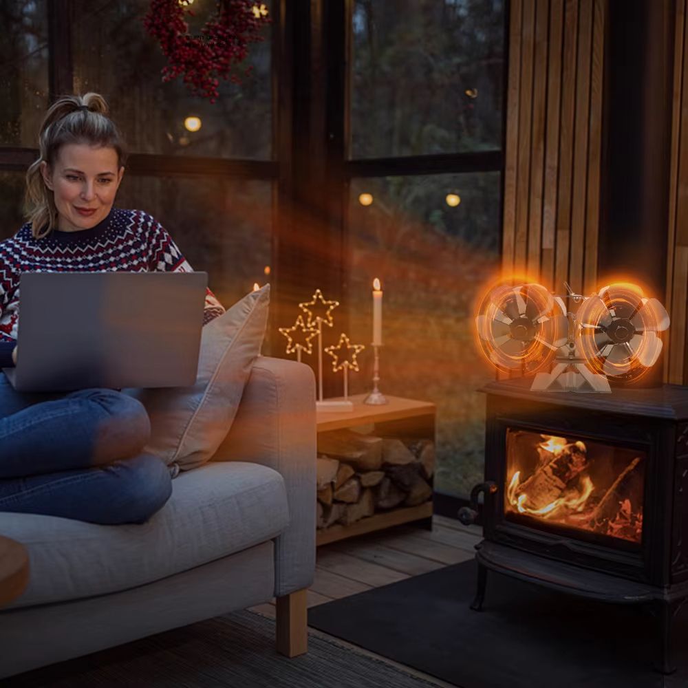 6Blade Heat Powered Stove Fan  Dual Silent Motors NonElectric Fireplace Fan With Thermometer  Brack 4