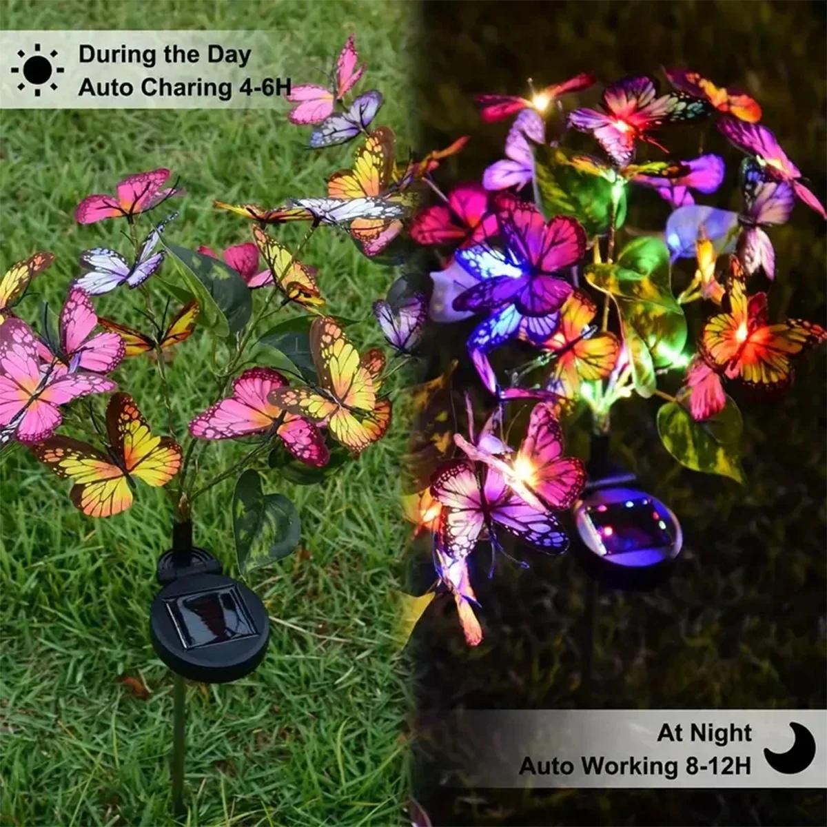 Solar Led Butterfly Flower Light Garden Patio Lawn Pathway Stake Lamp, Outdoor Yard Ground Lights Waterproof Decor