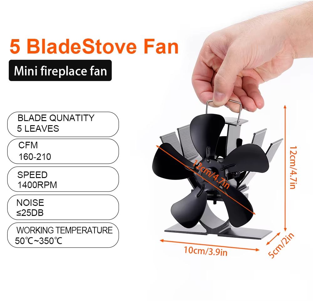 Mini 5Blade Heat Powered Stove Fan  EcoFriendly Fireplace Fan For Wood Burners Silent Operation  Ef 2