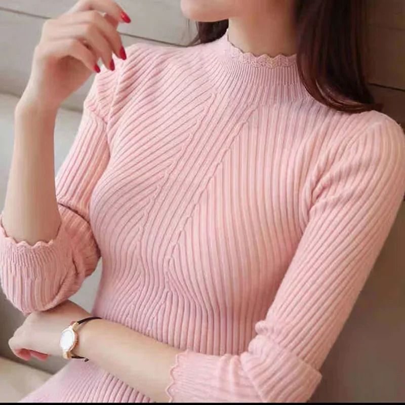 Women Mock Neck Ruffle Sweater Long Sleeve Knit Pullover