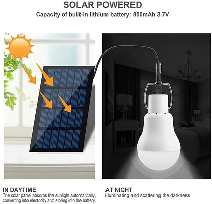 Waterproof LED Solar Bulb Light Outdoor USB Charged Hanging Emergency Lamp, Portable Sunlight Powered Indoor Lighting