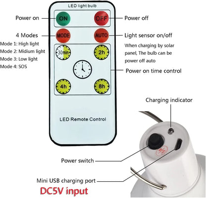 Waterproof LED Solar Bulb Light Outdoor USB Charged Hanging Emergency Lamp, Portable Sunlight Powered Indoor Lighting