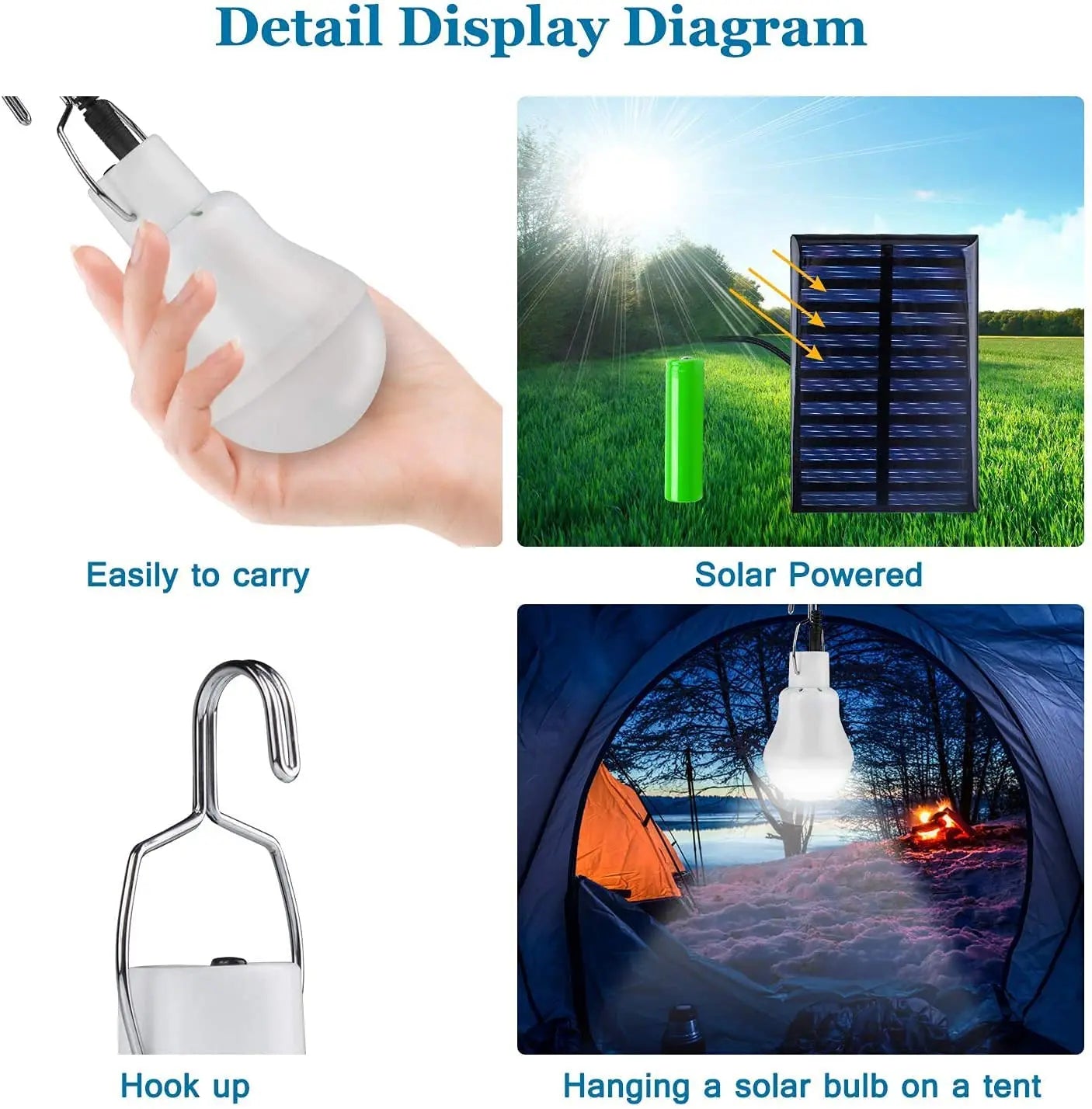 Waterproof LED Solar Bulb Light Outdoor USB Charged Hanging Emergency Lamp, Portable Sunlight Powered Indoor Lighting