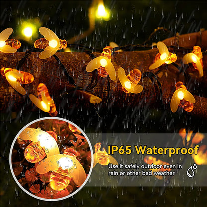 Solar String Light Cute Bee Outdoor Decor, Wedding Garden Patio Party Lights, Christmas Tree Honeybee Fairy Lamp