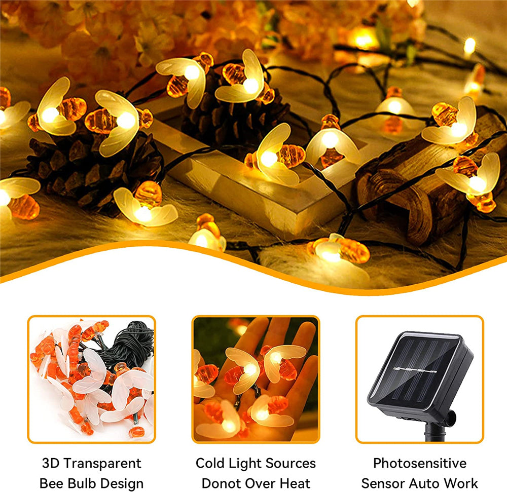 Solar String Light Cute Bee Outdoor Decor, Wedding Garden Patio Party Lights, Christmas Tree Honeybee Fairy Lamp