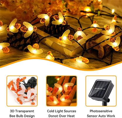 Solar String Light Cute Bee Outdoor Decor, Wedding Garden Patio Party Lights, Christmas Tree Honeybee Fairy Lamp