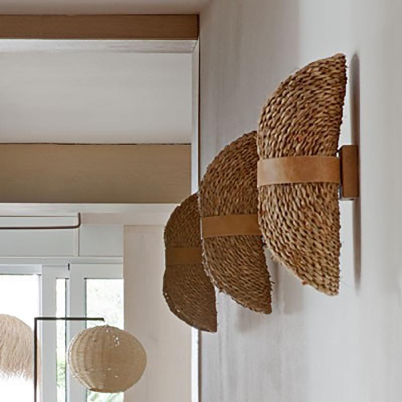 Japanese Retro Wabi-Sabi Wall Light, Hand-Woven Ratta Weaving Wall Lamp for Living Room, Bedroom, Aisle, Hotel Decor