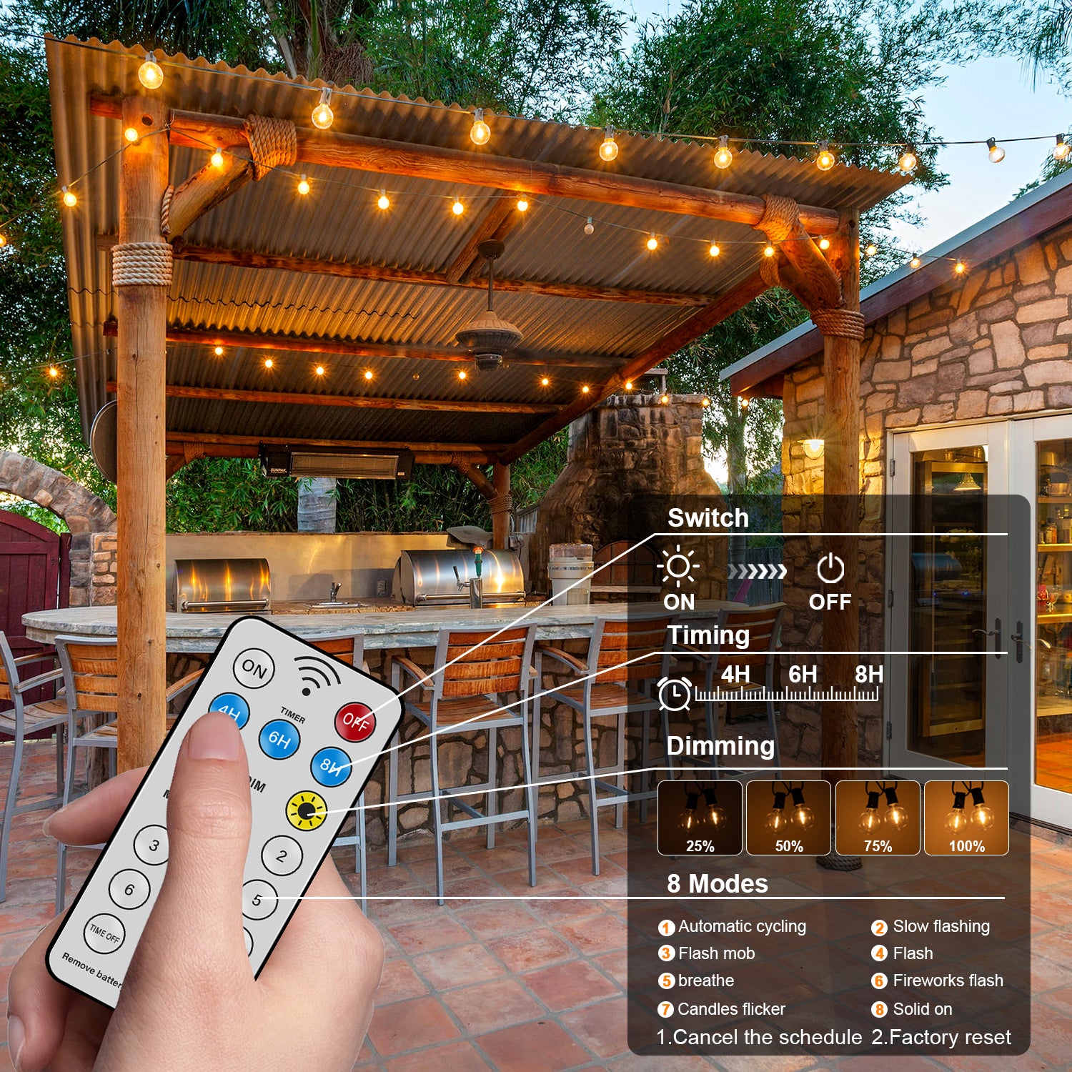 Solar String Light Outdoor, Waterproof Globe Solar Patio Lights with Remote, Dimmable Hanging Lights for Backyard