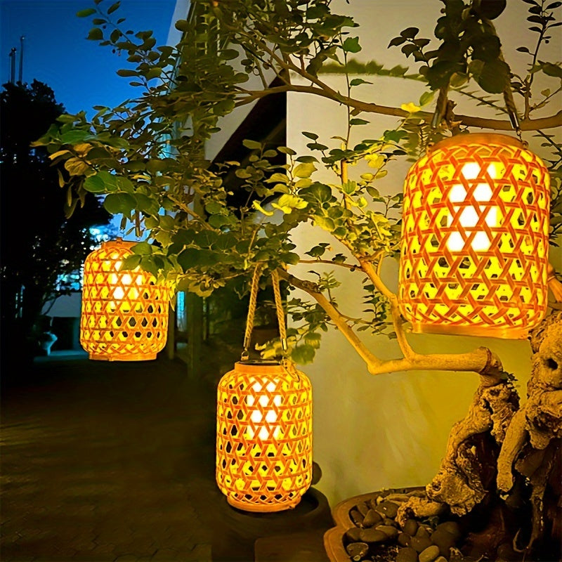 Solar Imitation Bamboo Lantern Outdoor Courtyard Decoration Garden Light Waterproof Plastic Rattan  1