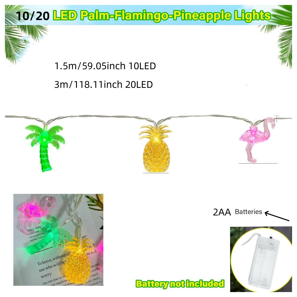 Battery Operated LED Flamingo Pineapple Palm Tree String Lights, Tropical Beach Hawaiian Fairy Atmosphere Lights