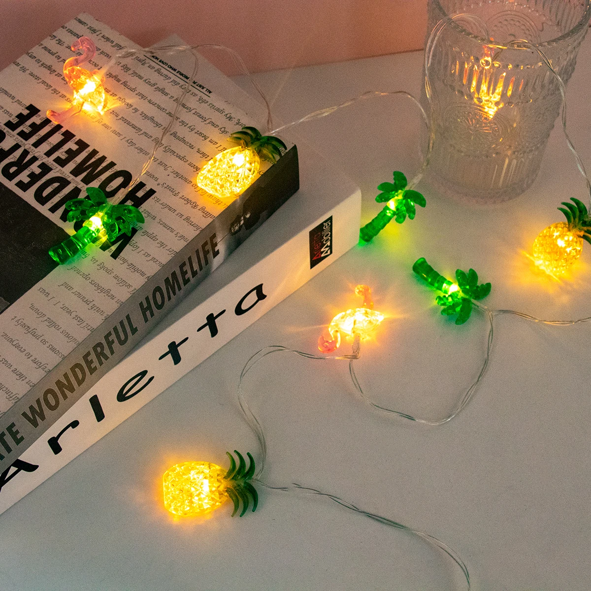 Battery Operated LED Flamingo Pineapple Palm Tree String Lights, Tropical Beach Hawaiian Fairy Atmosphere Lights