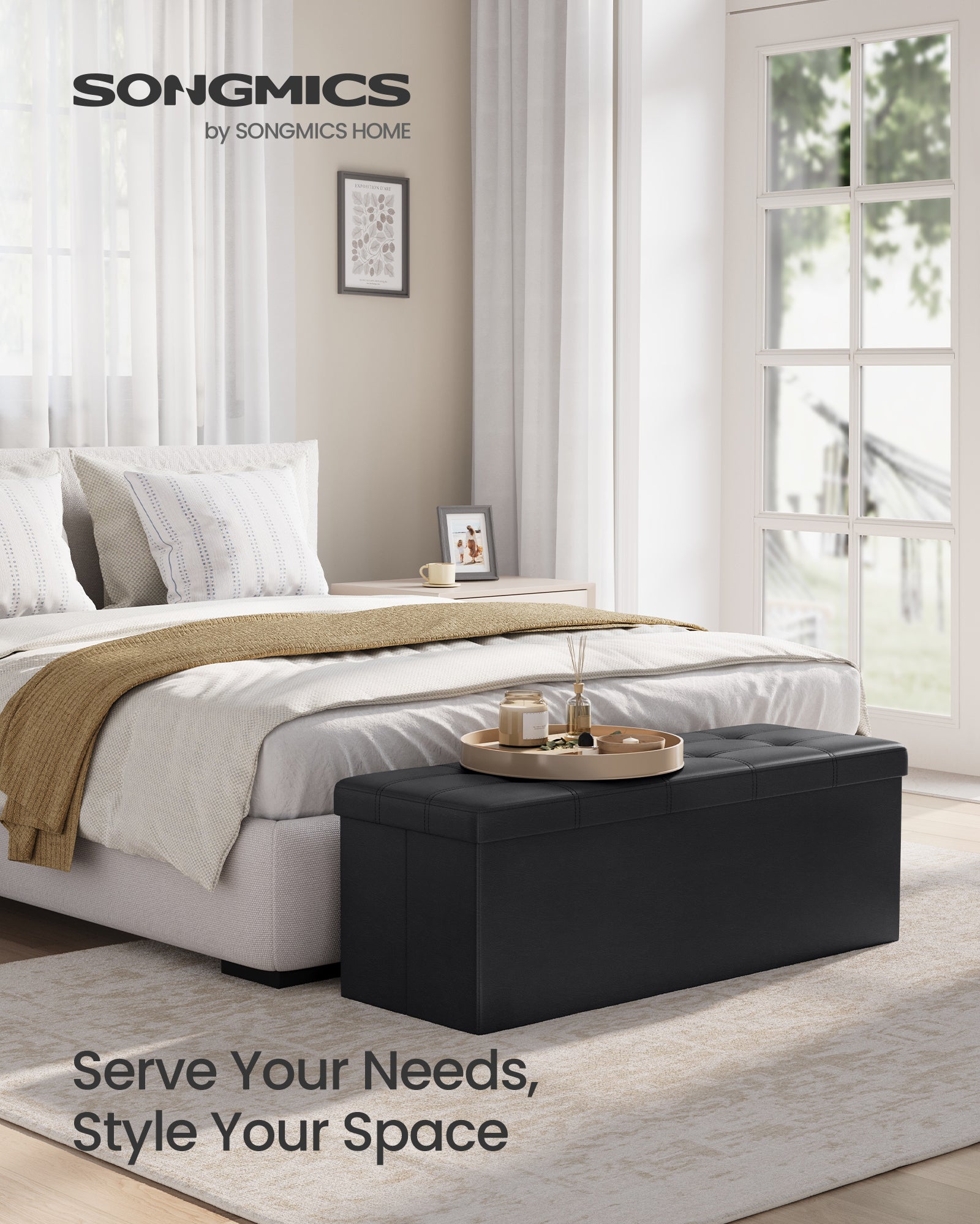 Folding Storage Ottoman Bench (43 Inches), Versatile Footrest, Coffee Table & Storage Chest with Soft Padded Seat