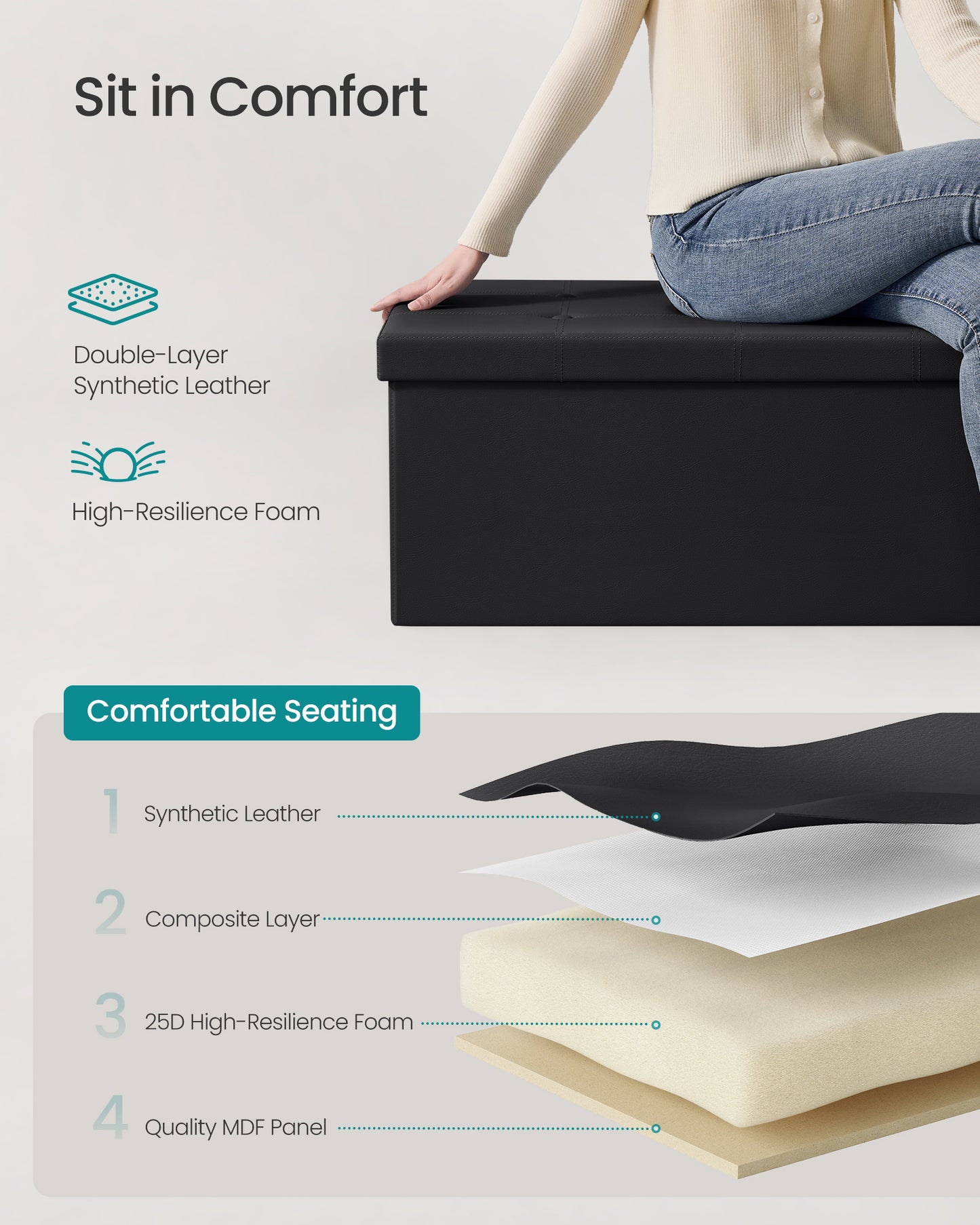 Folding Storage Ottoman Bench (43 Inches), Versatile Footrest, Coffee Table & Storage Chest with Soft Padded Seat