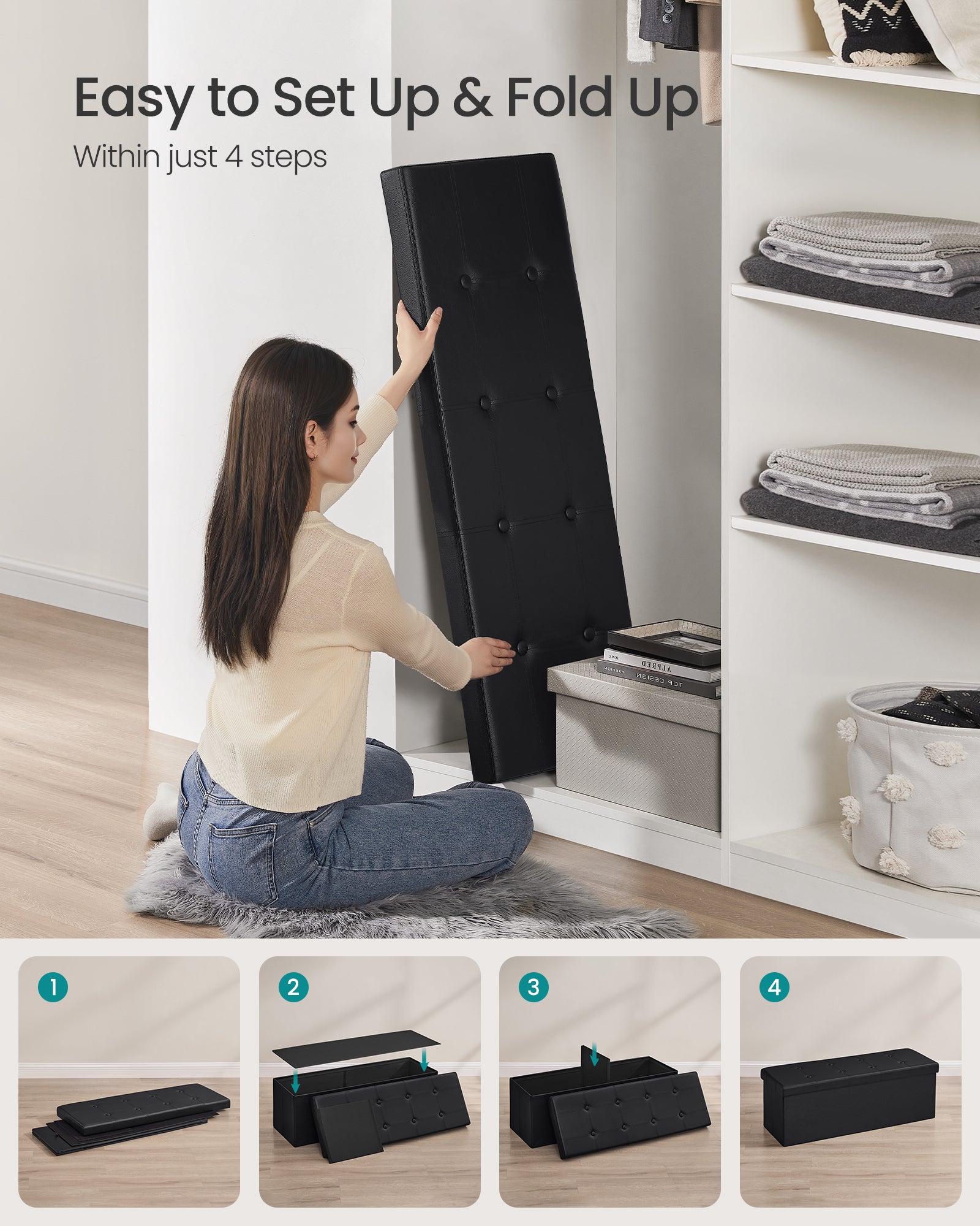 Folding Storage Ottoman Bench (43 Inches), Versatile Footrest, Coffee Table & Storage Chest with Soft Padded Seat