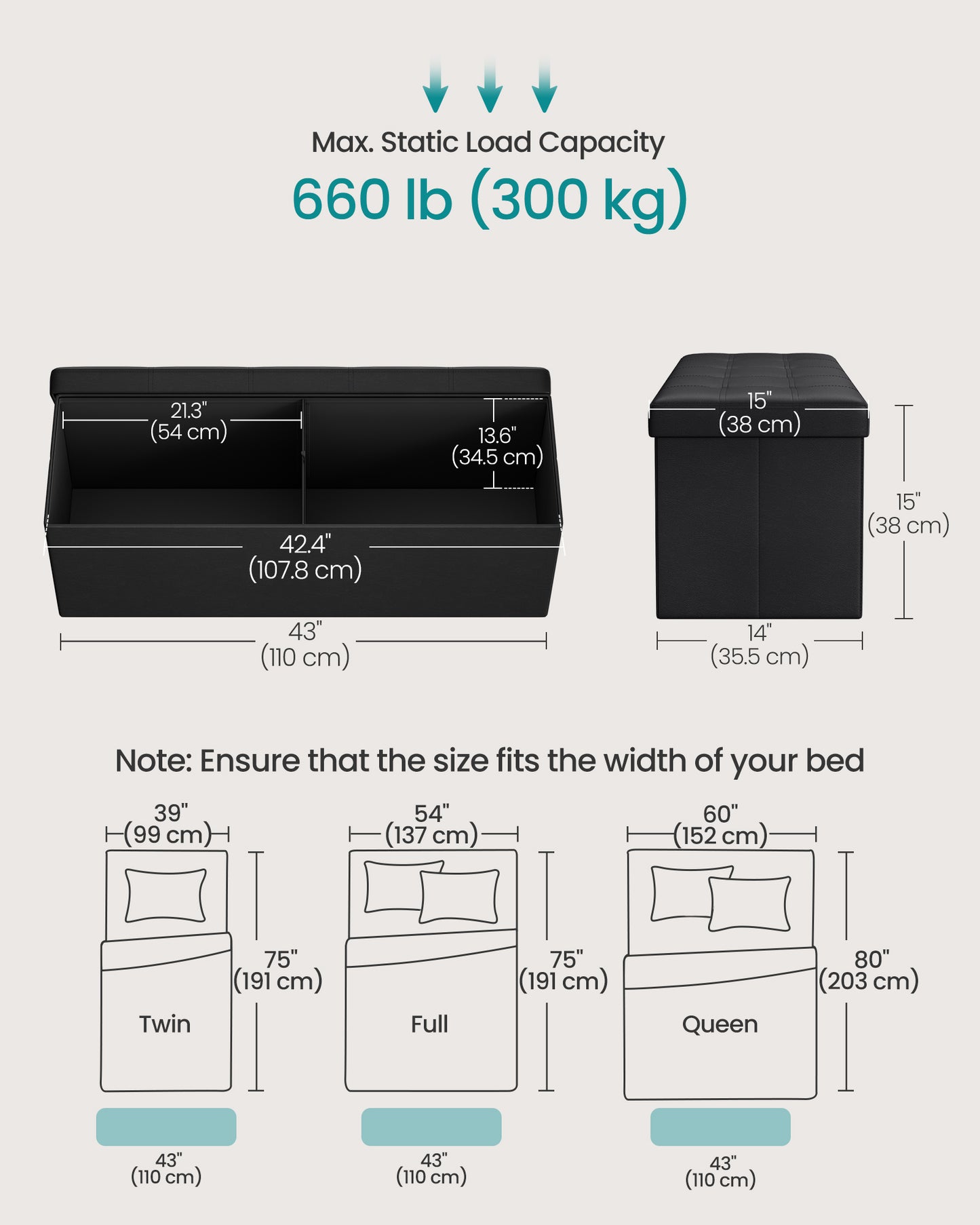 Folding Storage Ottoman Bench (43 Inches), Versatile Footrest, Coffee Table & Storage Chest with Soft Padded Seat