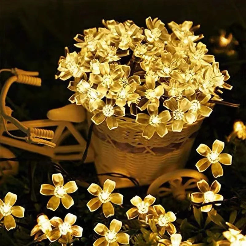 Solar Fairy String Light Sakura Garlands, 5M Peach Flower CherryLED Lamp, Outdoor Garden Wedding Party Decoration