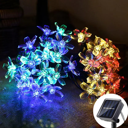 Solar Fairy String Light Sakura Garlands, 5M Peach Flower CherryLED Lamp, Outdoor Garden Wedding Party Decoration