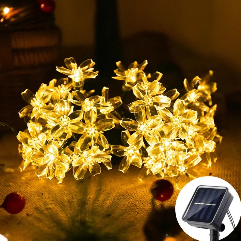 Solar Fairy String Light Sakura Garlands, 5M Peach Flower CherryLED Lamp, Outdoor Garden Wedding Party Decoration