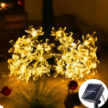 Solar Fairy String Light Sakura Garlands, 5M Peach Flower CherryLED Lamp, Outdoor Garden Wedding Party Decoration