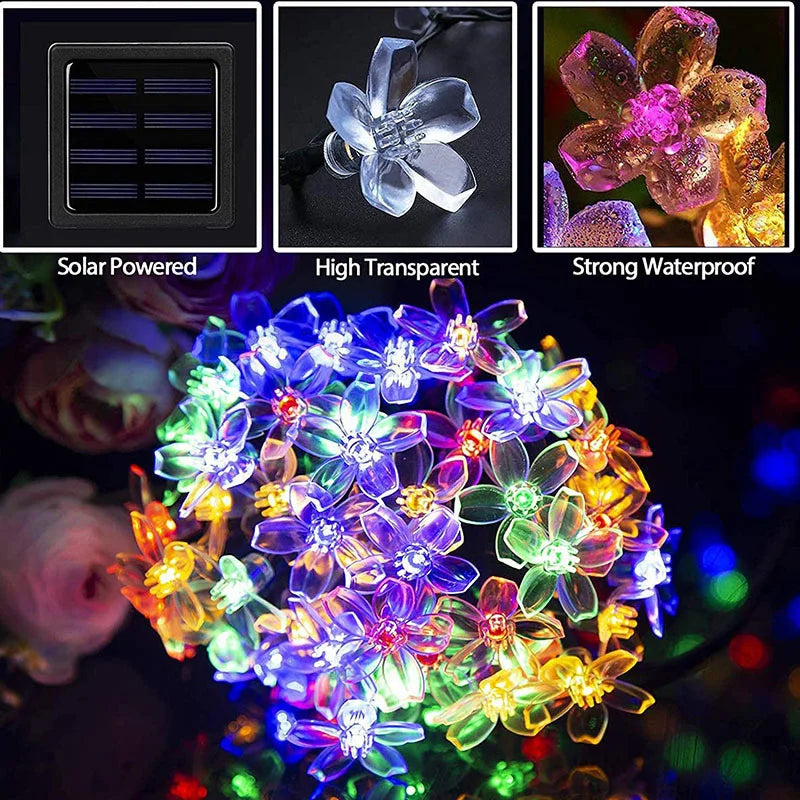 Solar Fairy String Light Sakura Garlands, 5M Peach Flower CherryLED Lamp, Outdoor Garden Wedding Party Decoration