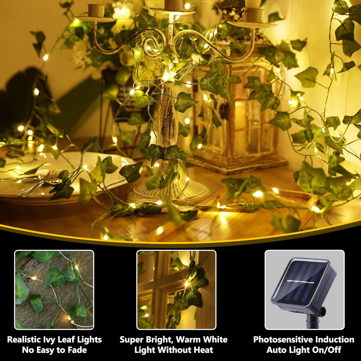 Solar-Powered Green Fairy Lights with Artificial Ivy, 8 Modes, Garden, Wedding, Christmas Decoration Lighting