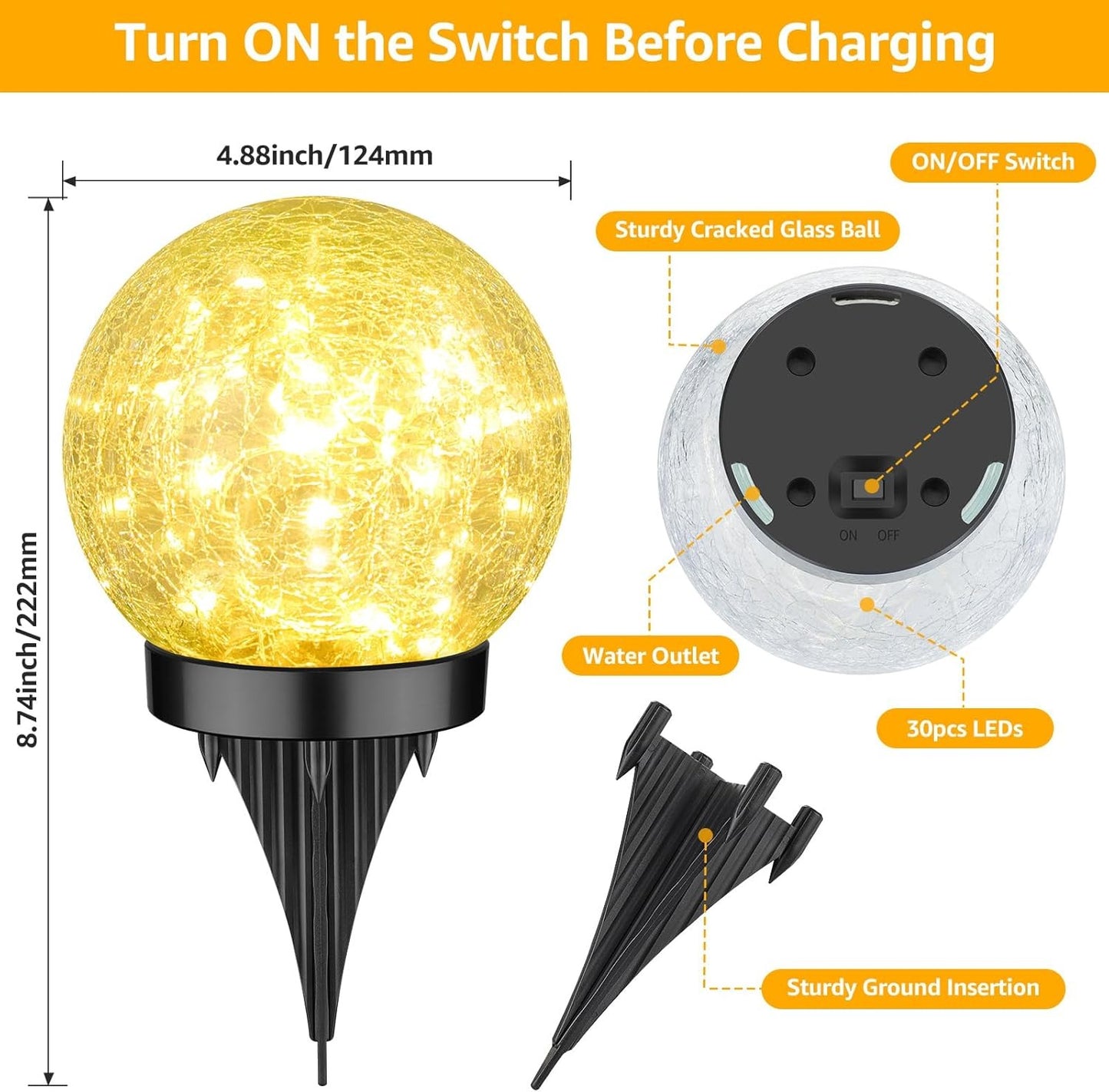 Weatherproof Garden Globe Lights Solar Cracked Ice Ball Light 10cm Pathway Yard Decor LED Landscape 4