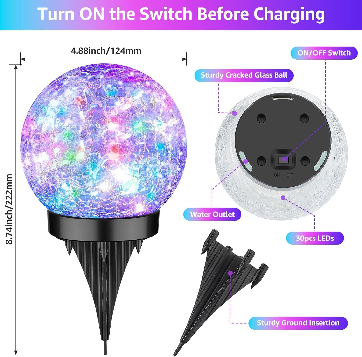 Weatherproof Garden Globe Lights Solar Cracked Ice Ball Light 10cm Pathway Yard Decor LED Landscape 6