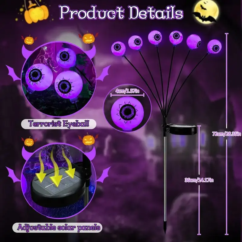 6-Head Outdoor Solar Eyeball Lights, Firefly Halloween Solar Stake Lights, Garden Lawn Yard Festival Decor
