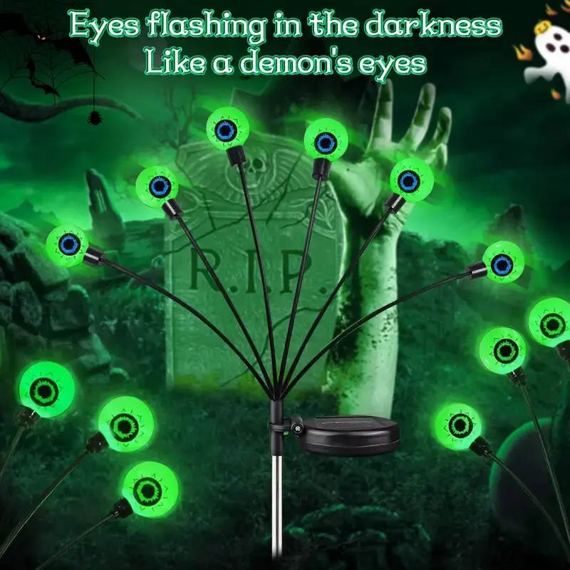6-Head Outdoor Solar Eyeball Lights, Firefly Halloween Solar Stake Lights, Garden Lawn Yard Festival Decor