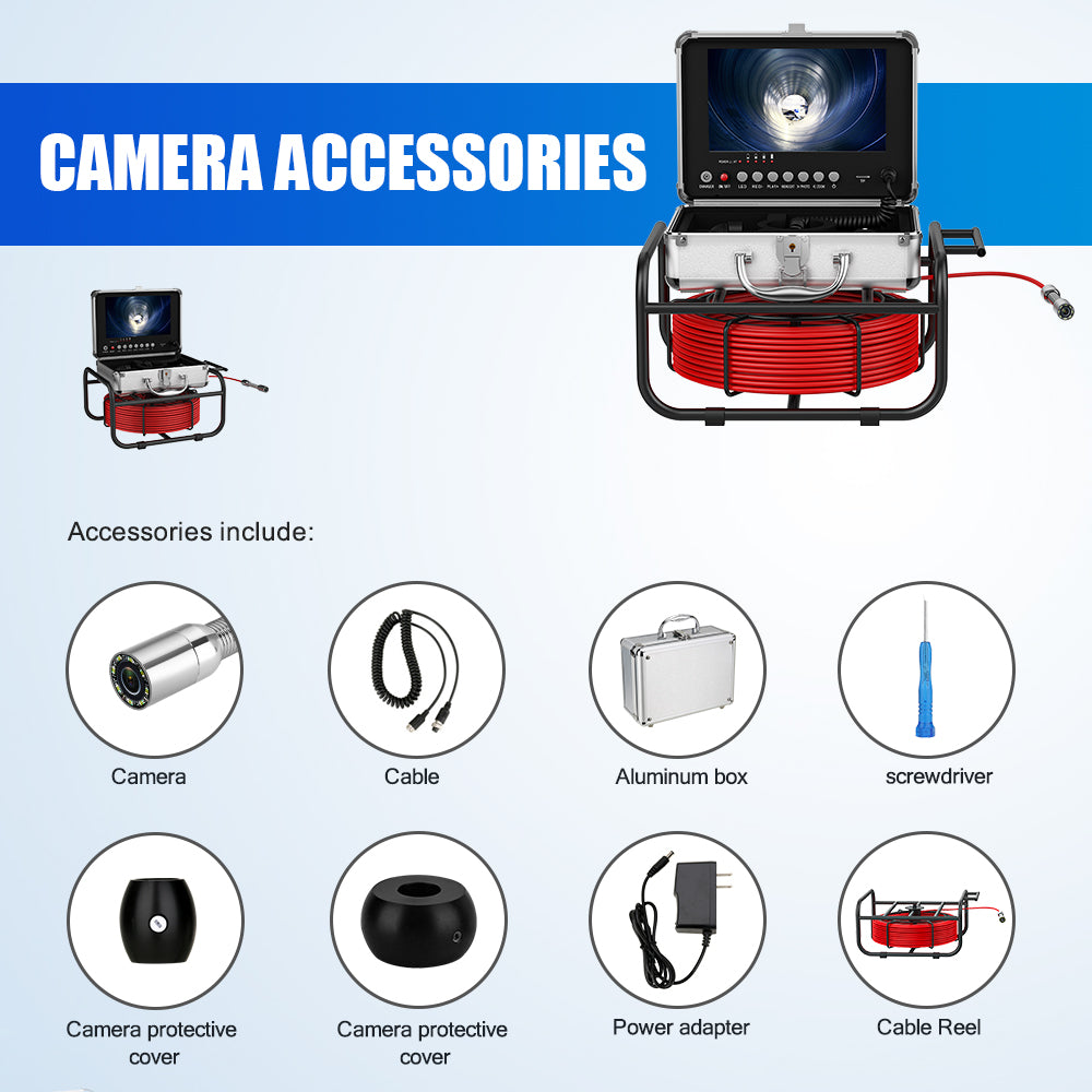 30M Pipe Inspection Camera with 9 DVR Monitor, IP68 Waterproof 17MM Borescope for Drain, Sewer, Pipeline Inspection