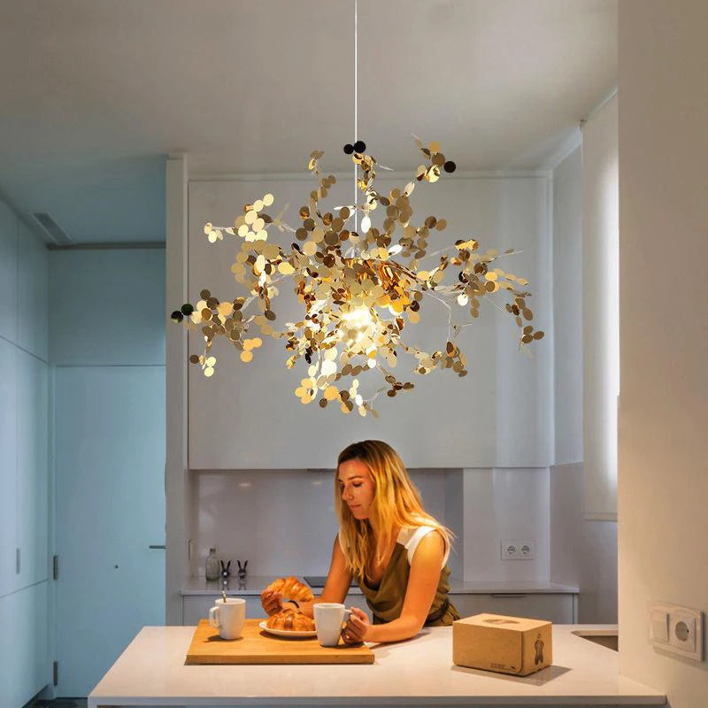 Nordic LED Chandelier, Stainless Steel Chrome Leaf Design for Living Room, Dining Room Bar Table, Modern Personality