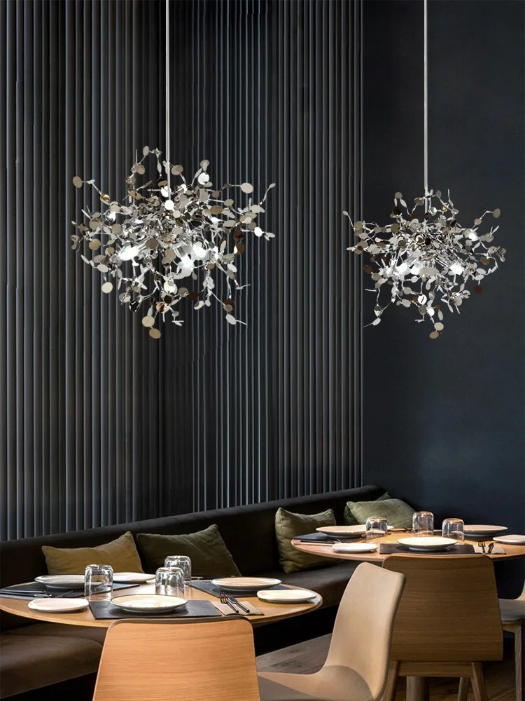 Nordic LED Chandelier, Stainless Steel Chrome Leaf Design for Living Room, Dining Room Bar Table, Modern Personality