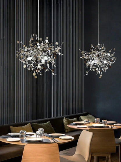 Nordic LED Chandelier, Stainless Steel Chrome Leaf Design for Living Room, Dining Room Bar Table, Modern Personality