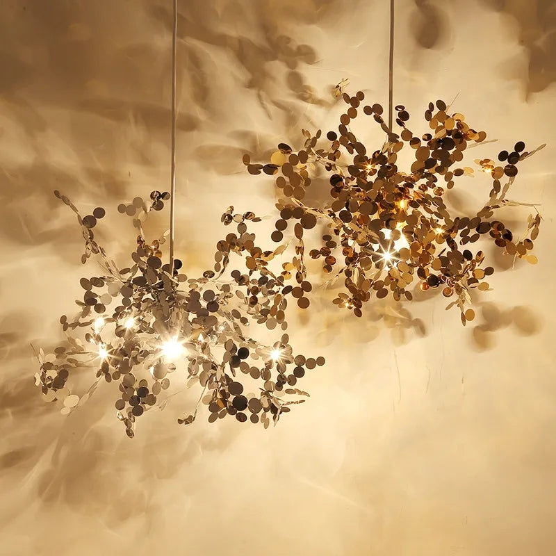 Nordic LED Chandelier, Stainless Steel Chrome Leaf Design for Living Room, Dining Room Bar Table, Modern Personality