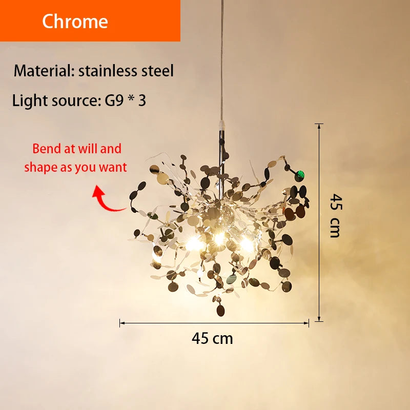 Nordic LED Chandelier, Stainless Steel Chrome Leaf Design for Living Room, Dining Room Bar Table, Modern Personality