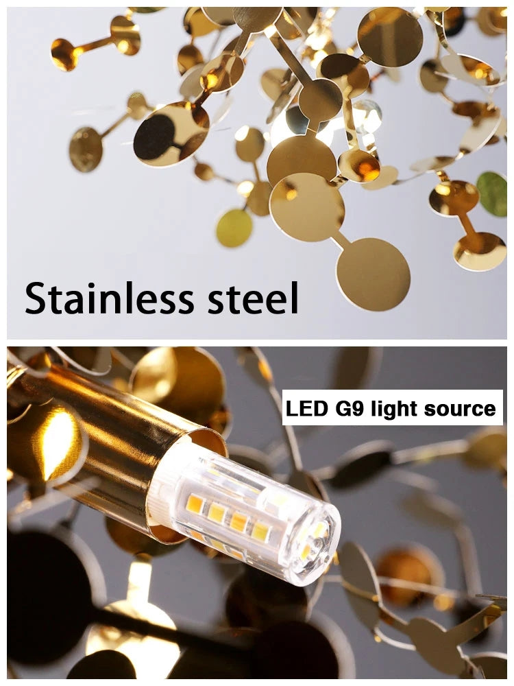 Nordic LED Chandelier, Stainless Steel Chrome Leaf Design for Living Room, Dining Room Bar Table, Modern Personality