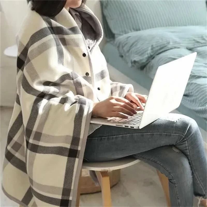 Thick Plaid Wearable Blanket With Buttons Soft Fleece Shawl Throw 3