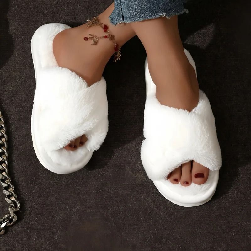 Women Cross Strap Faux Fur Slippers Indoor Plush Slides