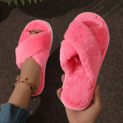Women Cross Strap Faux Fur Slippers Indoor Plush Slides 13