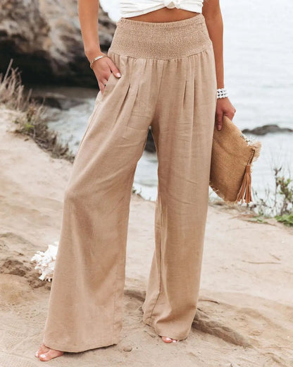 Women Drawstring Wide Leg Casual Pants Mid Waist Beach Trousers