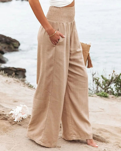 Women Drawstring Wide Leg Casual Pants Mid Waist Beach Trousers 1