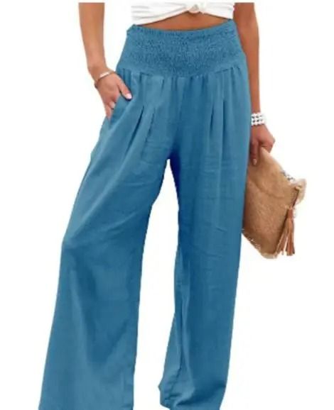 Women Drawstring Wide Leg Casual Pants Mid Waist Beach Trousers 3