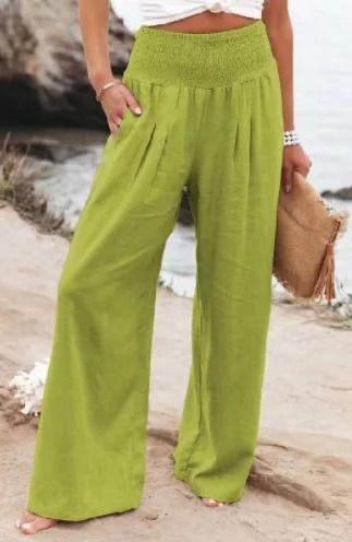 Women Drawstring Wide Leg Casual Pants Mid Waist Beach Trousers 4